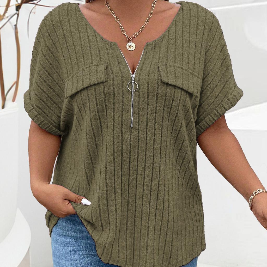 Spring and Summer New Solid Color Large Women's Top Zipper Short Sleeve Fake Pocket Pullover T-shirt Loose
