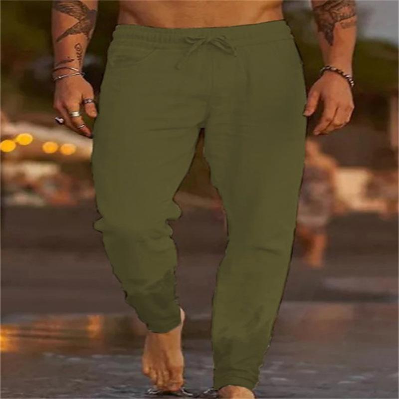 Men Elastic Waist Cotton Linen Long Pants Loose Casual Trousers