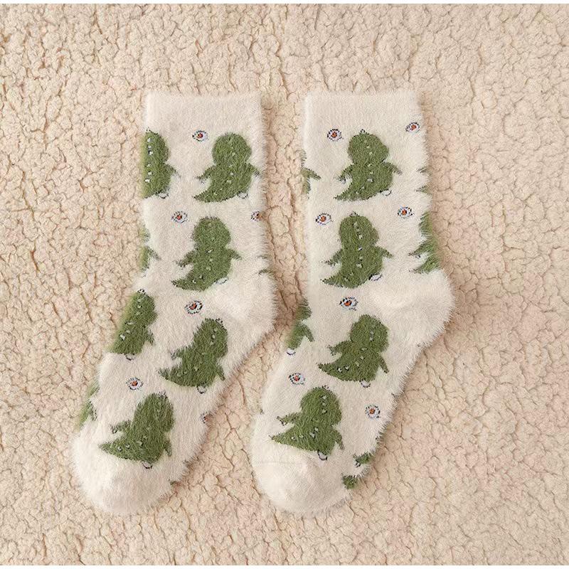 3 Pairs Cute Cow Spots Print Sock Thickened Warm Coral Fleece Women's Socks