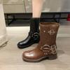 New Spring and Autumn Women's Leather Retro Brown Women's Boots Fashionable Belt Buckle Temperament Round Head High Barrel Boots