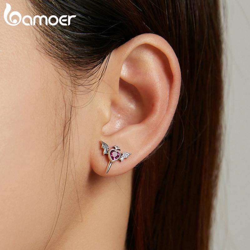 BAMOER, 1 шт., стерлинговое серебро 925 пробы, красивые серьги с цирконием и кинжалом в форме алого сердца для крутых девочек