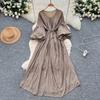 Retro V-Ne Belted Waist Lantern Sve Dr Knee-Length A-Line Midi Dresses Korean Sle Summer Long Dress for Women