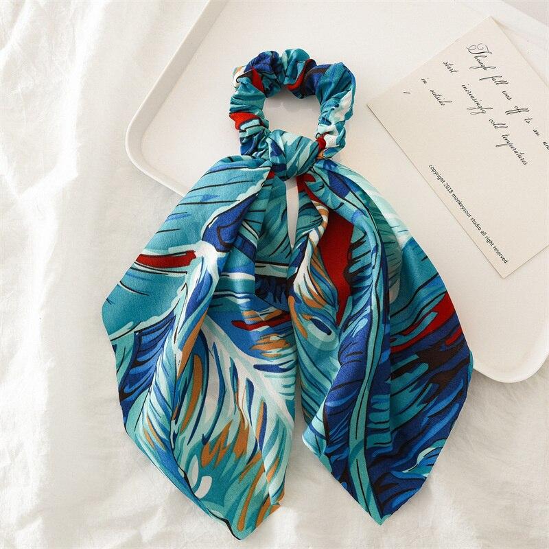 New Fashion Print Leaf Long Scarf Hair Band For Women Scrunchie Elastic Ribbon Bow Tie Ponytail Holder Hair Accessories Headwear