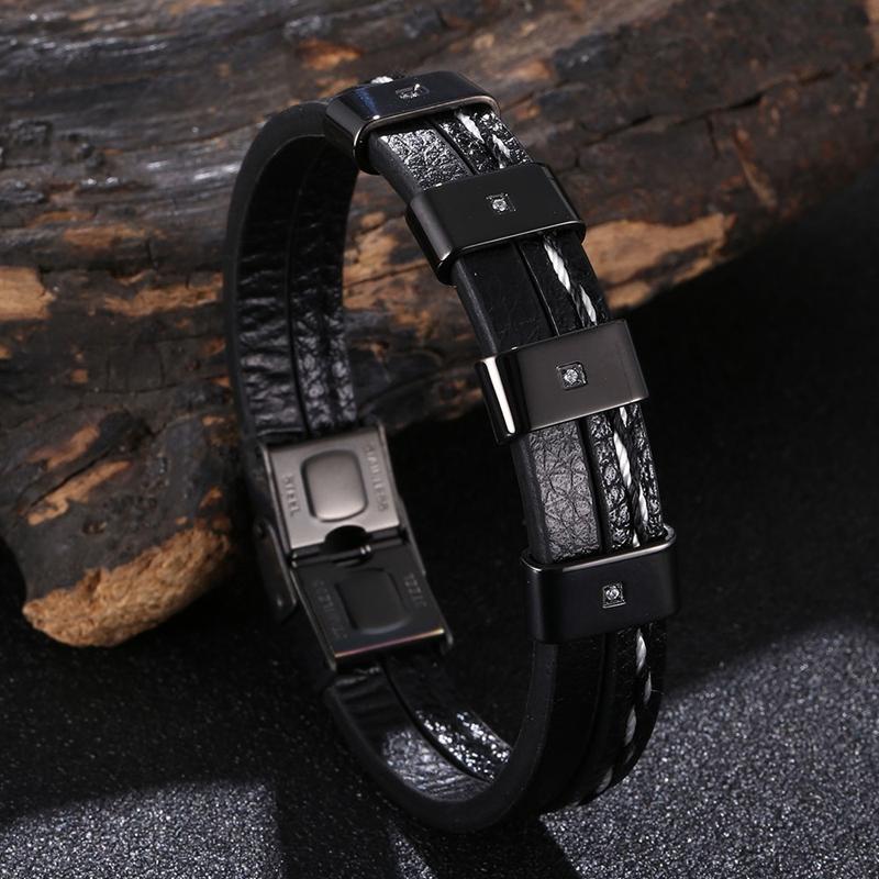Leather Bracelet Stainless Luxury Men Steel Bangles Charm Accessories Fashion Mens Jewelry Boyfriend Gift