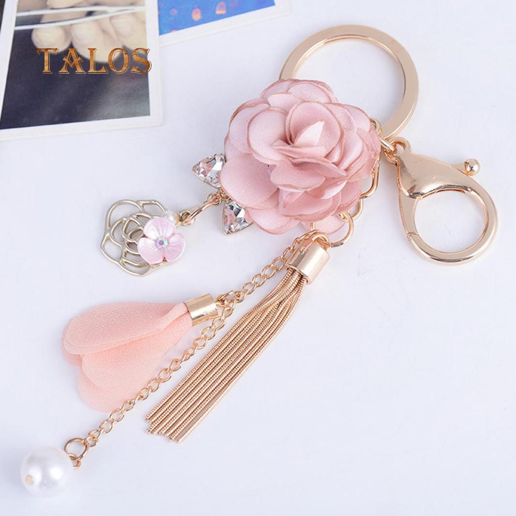 Fabric Flower Long Tassel Keychain Key Chain Keyring Women Handbag Hanging Decor Suspension Trinket