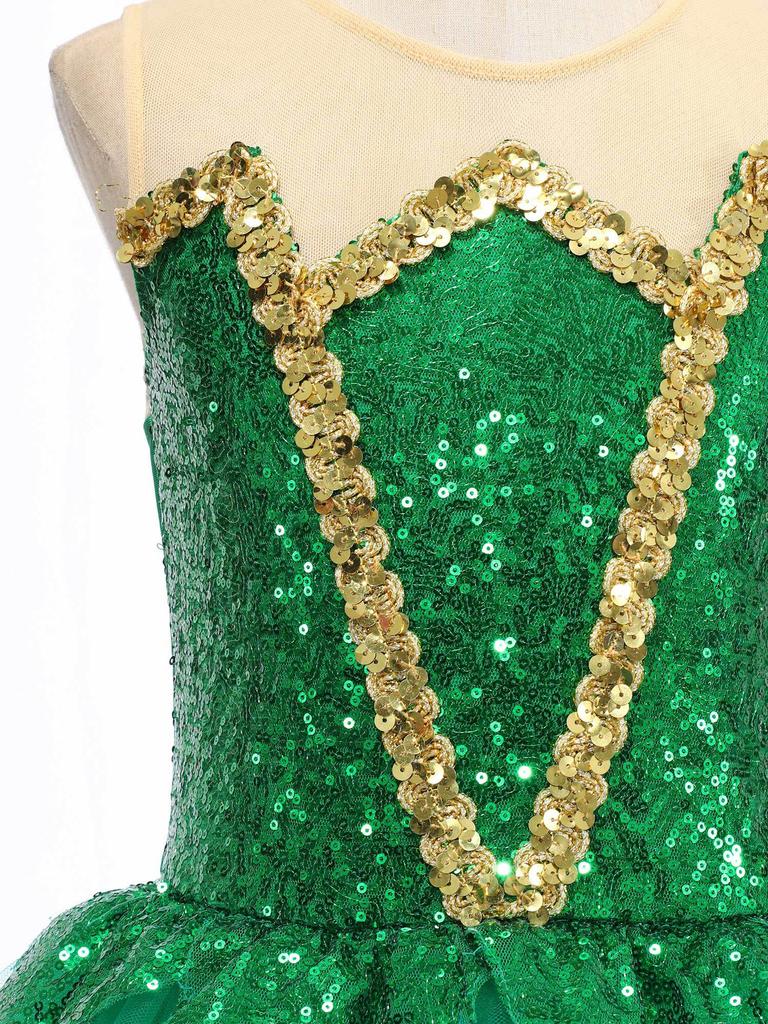 Girls Halloween Elf Cosplay Costume Sleeveless Keyhole Back Shiny Sequins Mesh Tutu Dress Bodysuit Jumpsuit