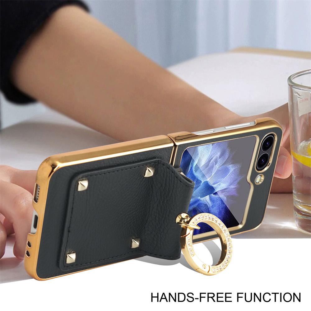 Чехол для телефона Samsung Z Flip 6 5 4 3 Flip6 Flip5 с блестящими бриллиантовыми кольцами, кожаное покрытие, роскошный противоударный защитный задний чехол