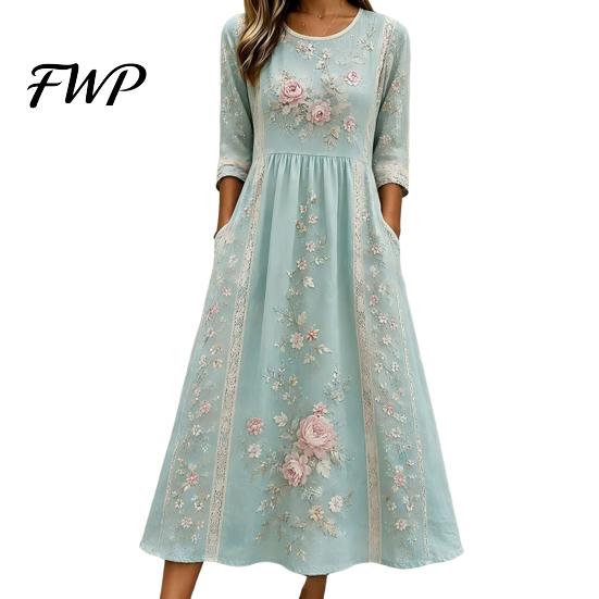 Slimming Dresses to Hide Tummy Long Sleeve Floral Dress, Women Cottagecore Waist Cinching Versatile Print Midi Autumn Dress for Vacation Street Party