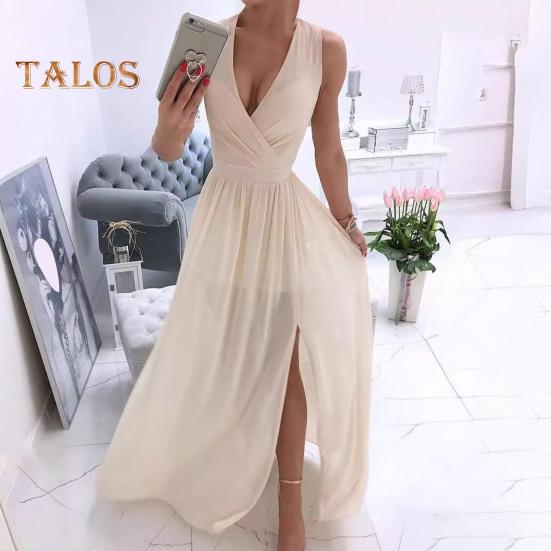 Женское вечернее платье с V-образным вырезом без рукавов, плиссированное подол с разрезом, тонкая талия, длина до пола, сплошной цвет, свадебное коктейльное платье для выпускного вечера, макси-платье