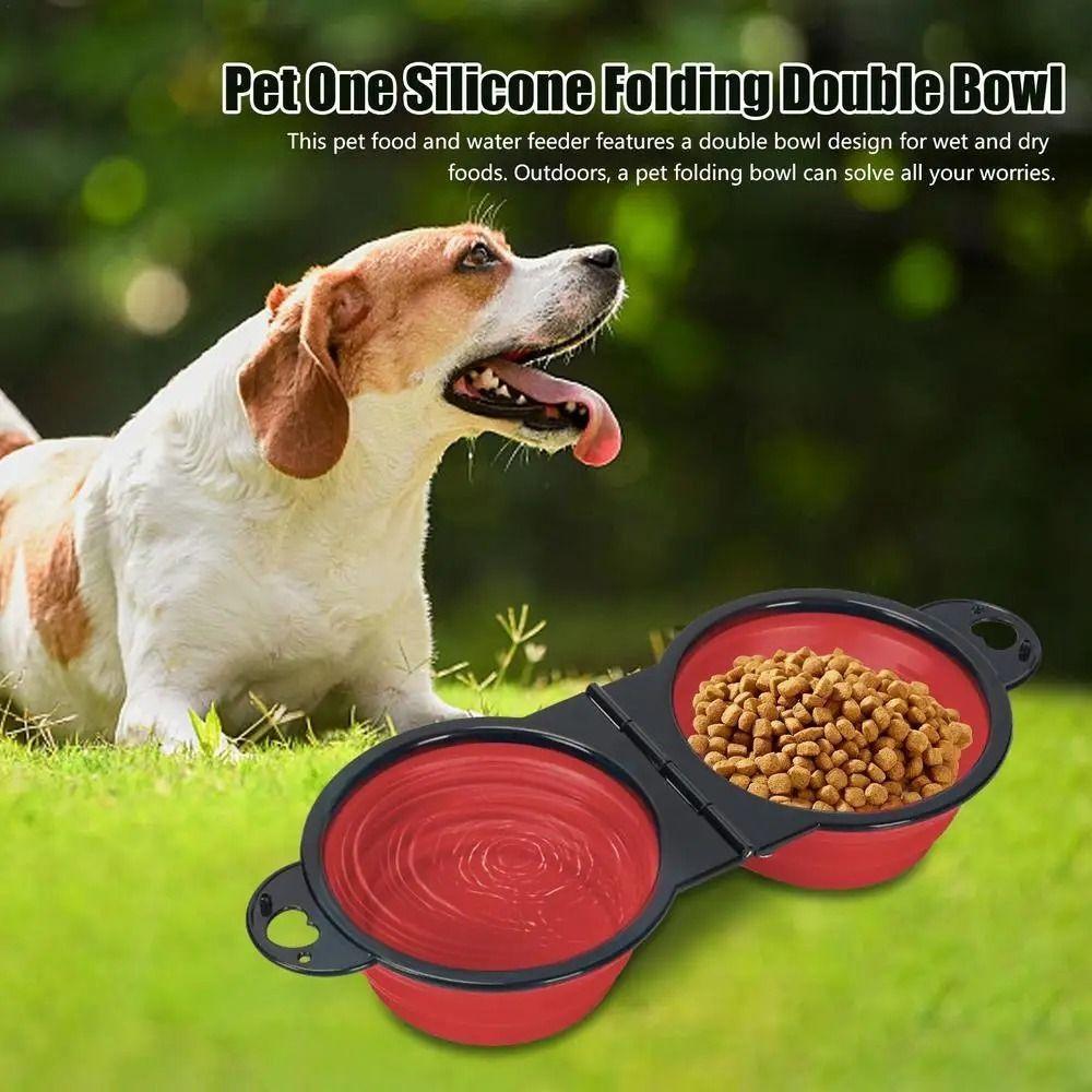 Портативная складная двойная миска для домашних животных, расширяемая миска для кормления, двойная миска для корма для собак и кошек