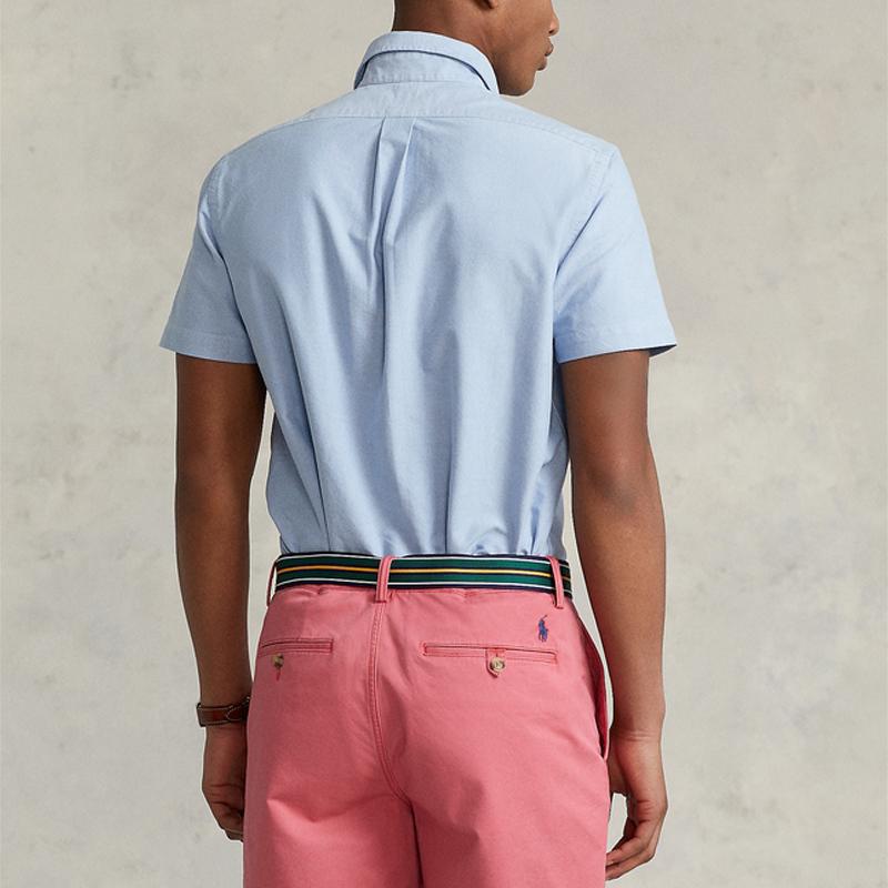Polo Ralph Lauren SS22 Однотонная однобортная рубашка с коротким рукавом из ткани Оксфорд, мужские рубашки синего цвета MNPOWOV1N820050-400
