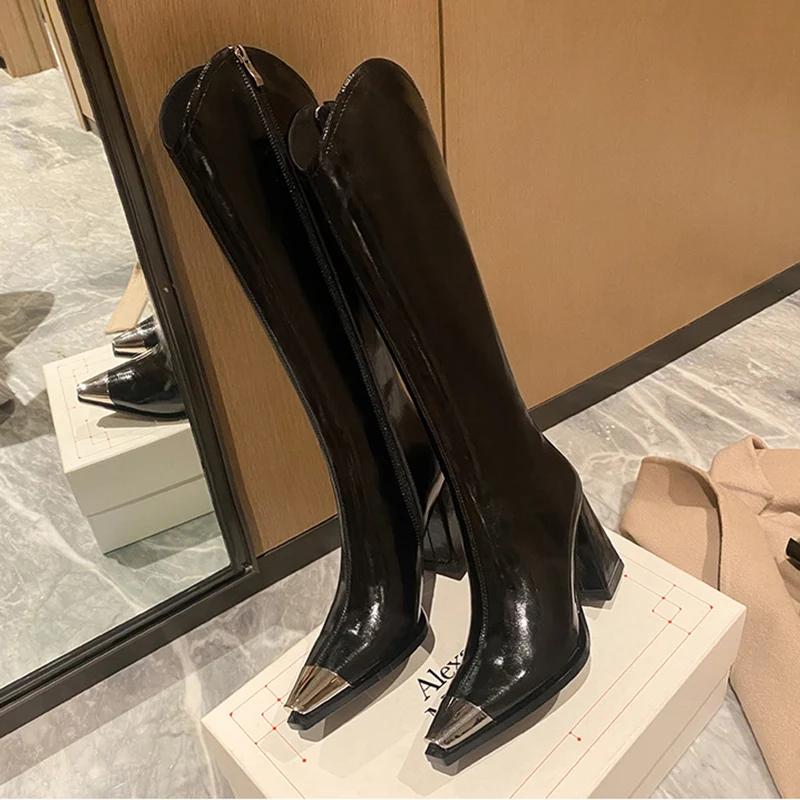 Fashion Designer Winter Woman High Boots Fashion Pointed Toe Long Boots Shoes Ladies Elegant Square Heel Women's Knight Bootties