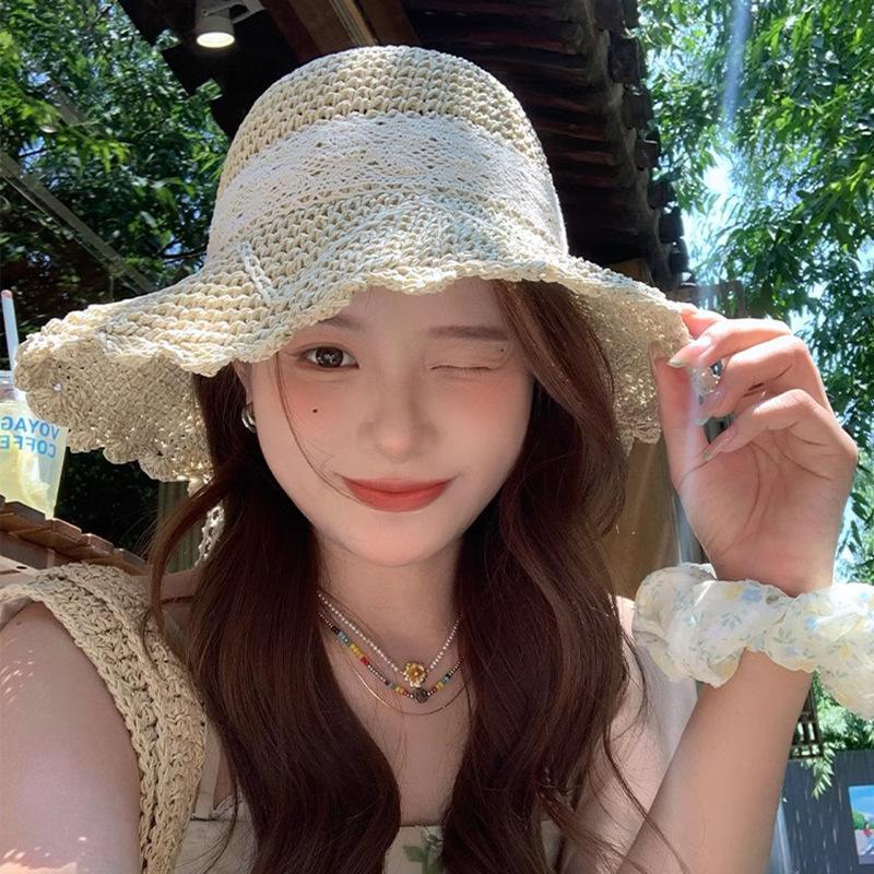 Women's Summer French Style Floral Lace Bowknot Straw Hat Beach Vacation Wide Brim Sun Protection Sun Hat