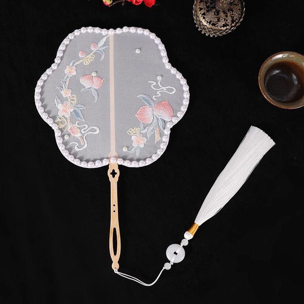 Clothing Acceessories Home Decoration With Tassel Long Handle Chinese Retro Style Embroidery Handheld Fan Pearl Edging