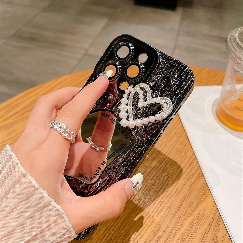 Роскошный чехол для макияжа с зеркальным принтом в виде камня и жемчужным сердечком для iPhone 15 Pro Max 14 13 12 Pro Max 11, универсальный защитный чехол от падения