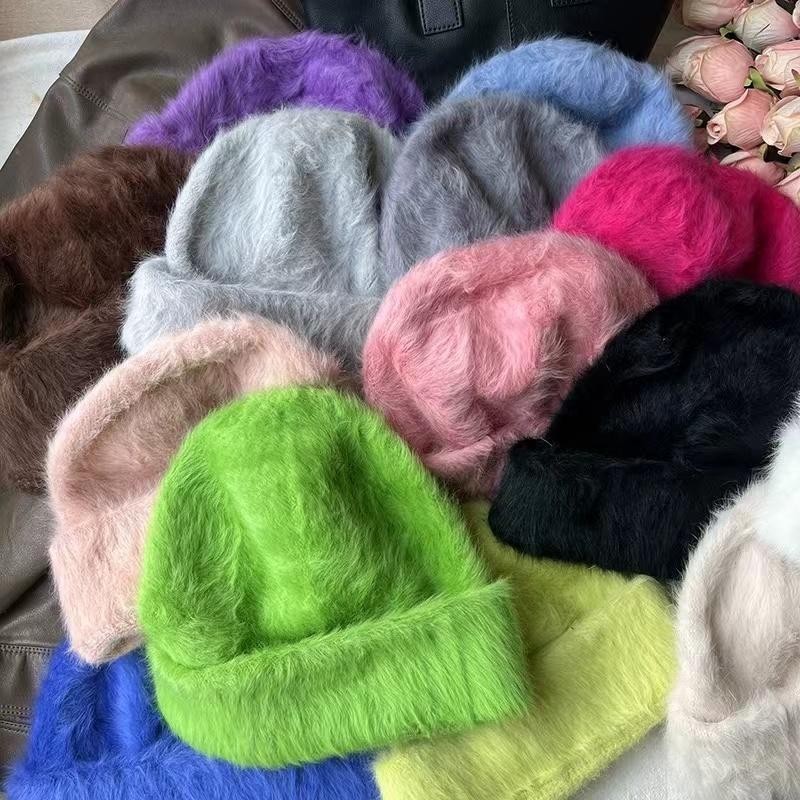 Fashion Rabbit Fur Beanies Women Soft Warm Fluffy Angola Winter Knitted Hat Female Plush Windproof Bonnet Skullies Cap