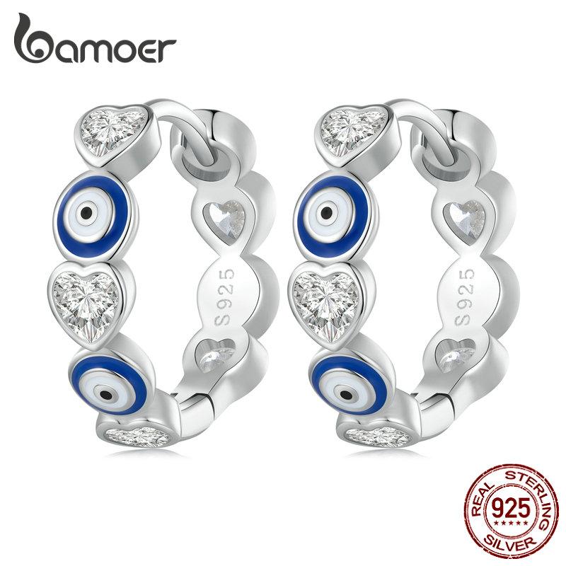 BAMOER, серьги-кольца из стерлингового серебра 925 пробы с голубым сглазом, пряжки для ушей, циркониевые серьги в форме сердца для женщин, подарок, ювелирные изделия