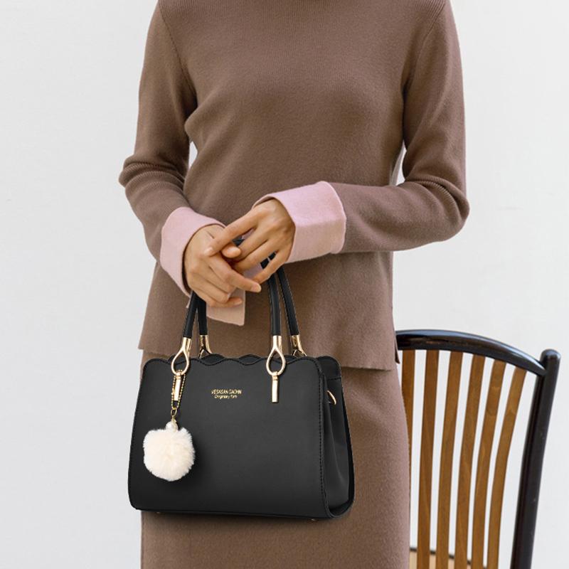 Yogodlns Large Capacity Women Top Handle Bags Fashion Middle Age Mom's Bag Single Shoulder Crossbody Bag PU Leather Hairball Handbag