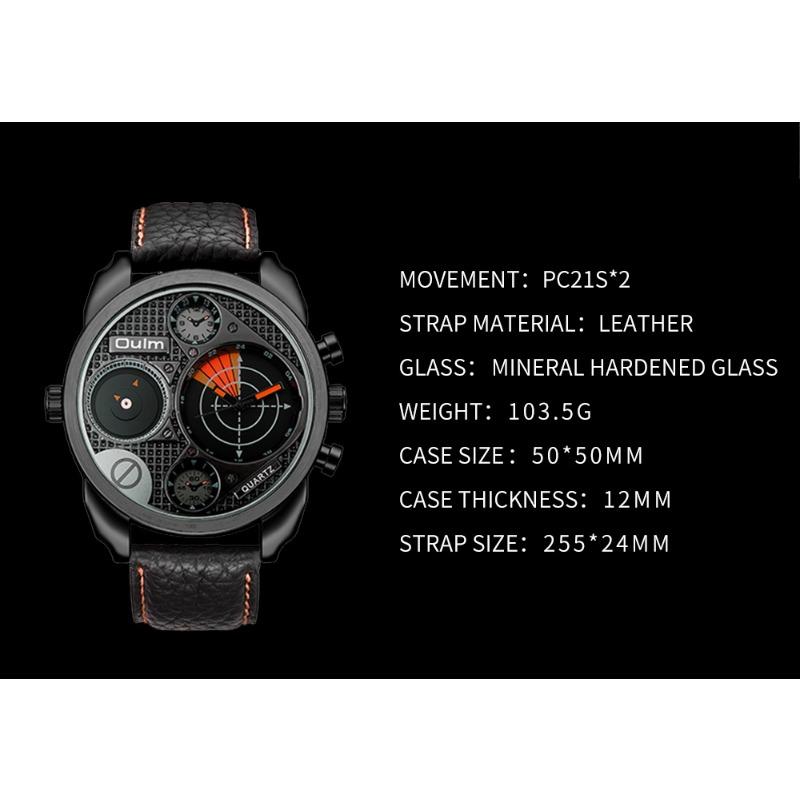 Oulm Мужские кварцевые часы с большим циферблатом, мужские часы из натуральной кожи с двумя часовыми поясами, новые