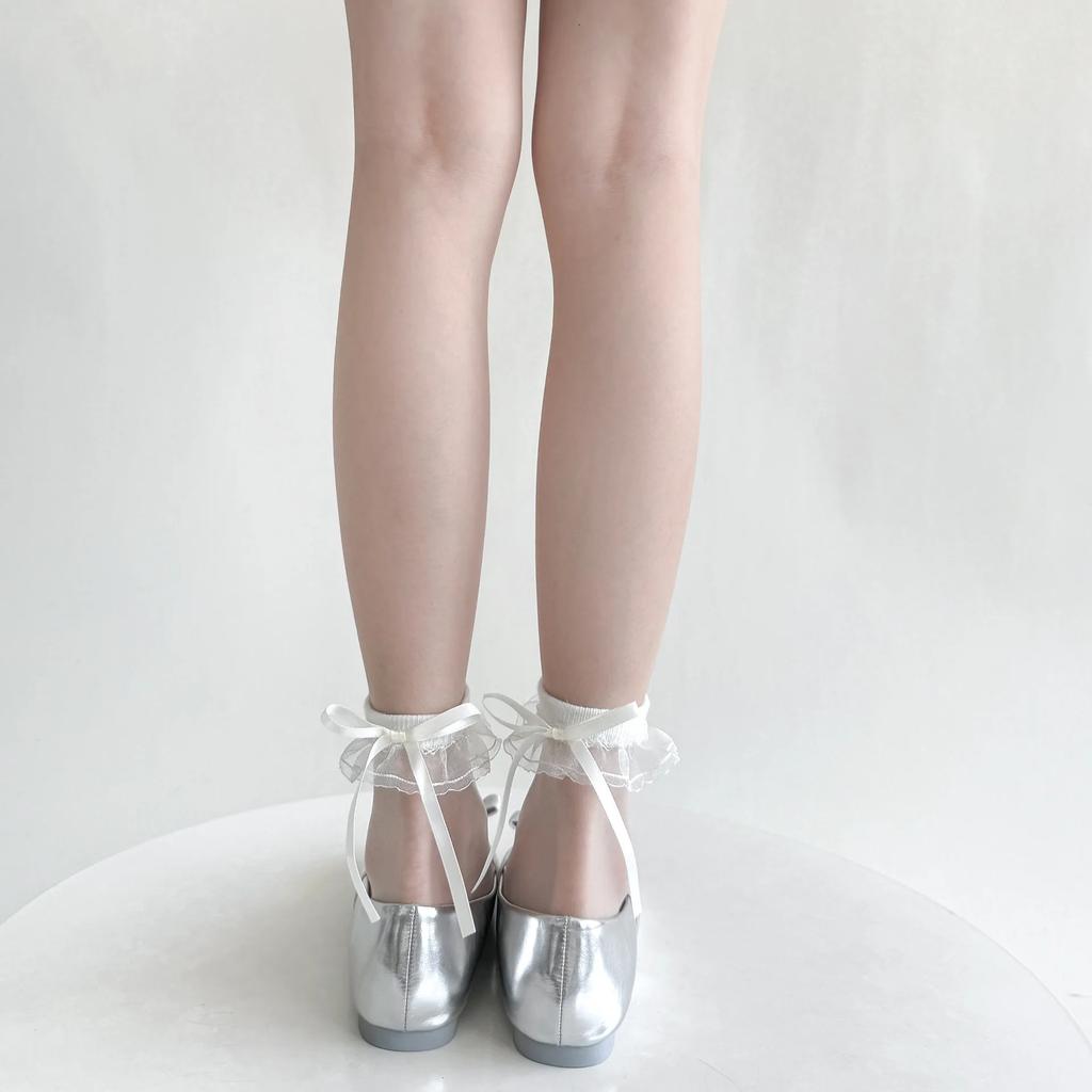 Summer Ultra-thin Transparent Crystal Silk Socks Women Bandage Ribbon Bow Kawaii Socks Lolita Sweet Girls Cute Lace Ruffle Socks