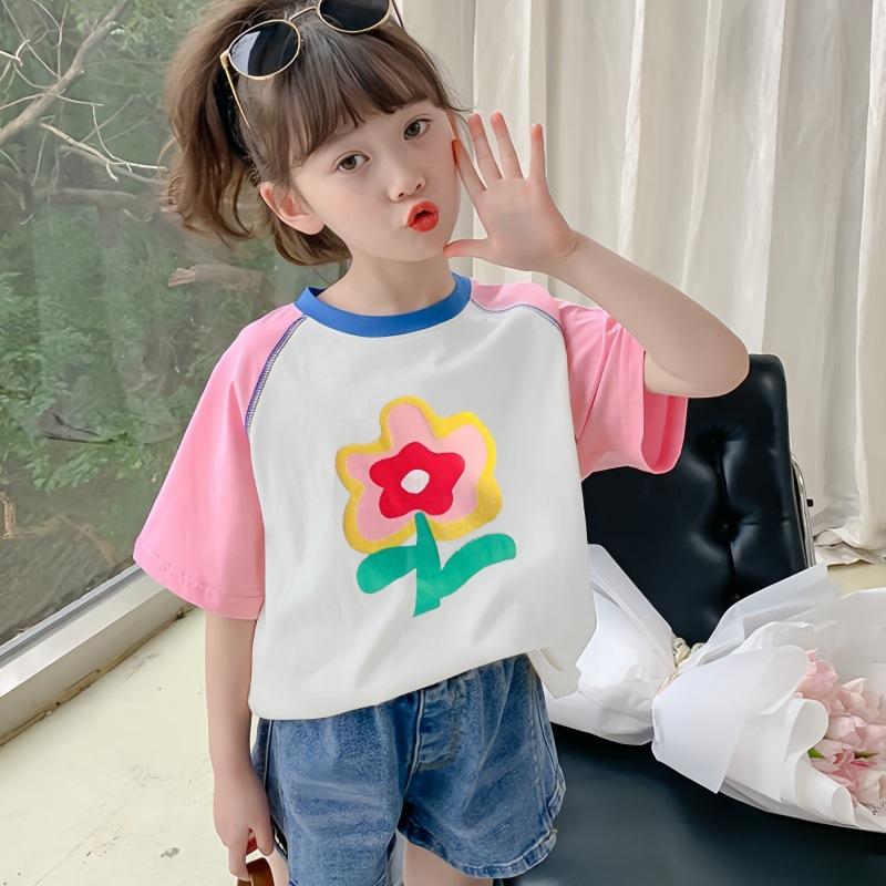 Girls Cotton Crew Neck T Shirt Colorblock Short Sleeve Top Summer Baby Undershirt Kids Casual Tee