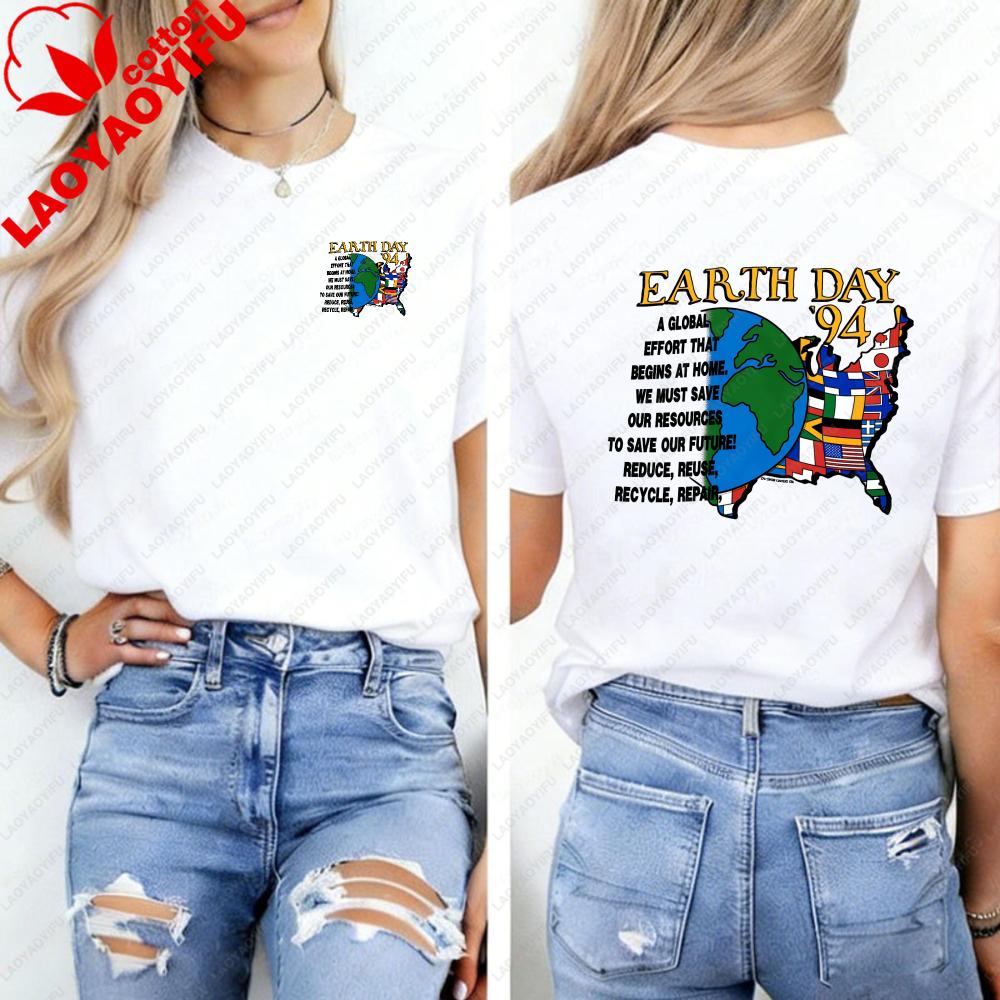 Vintage 1990s 1994 Earth Day Planet Reduce Reuse Recycle World Flag TShirt Unisex Clothing Harajuku Vintage High Quality Cotton