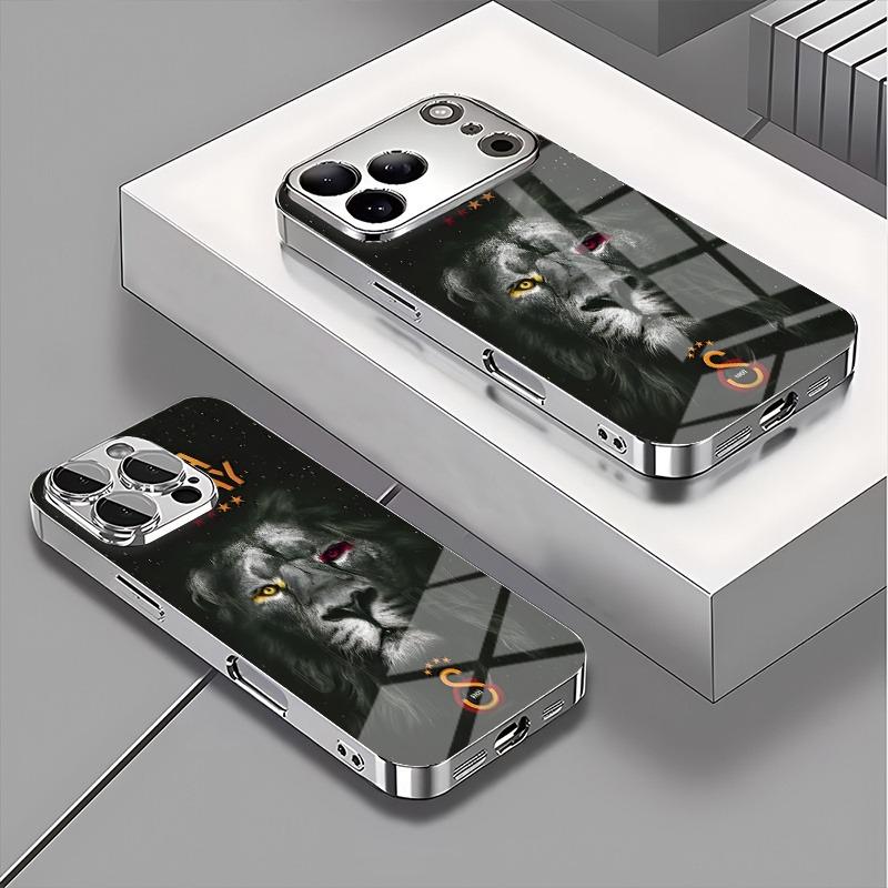 Крутой чехол из закаленного стекла с рисунком «Король Лев» для iPhone 17 16 15 14 13 12 11 Pro Max 16 Plus 17Air Электроplated Серебристая крышка