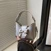 Pu Leather Bow Buckle PU Bag Mini Women's Shoulder Bag Simple Silver Bucket Bag  Women