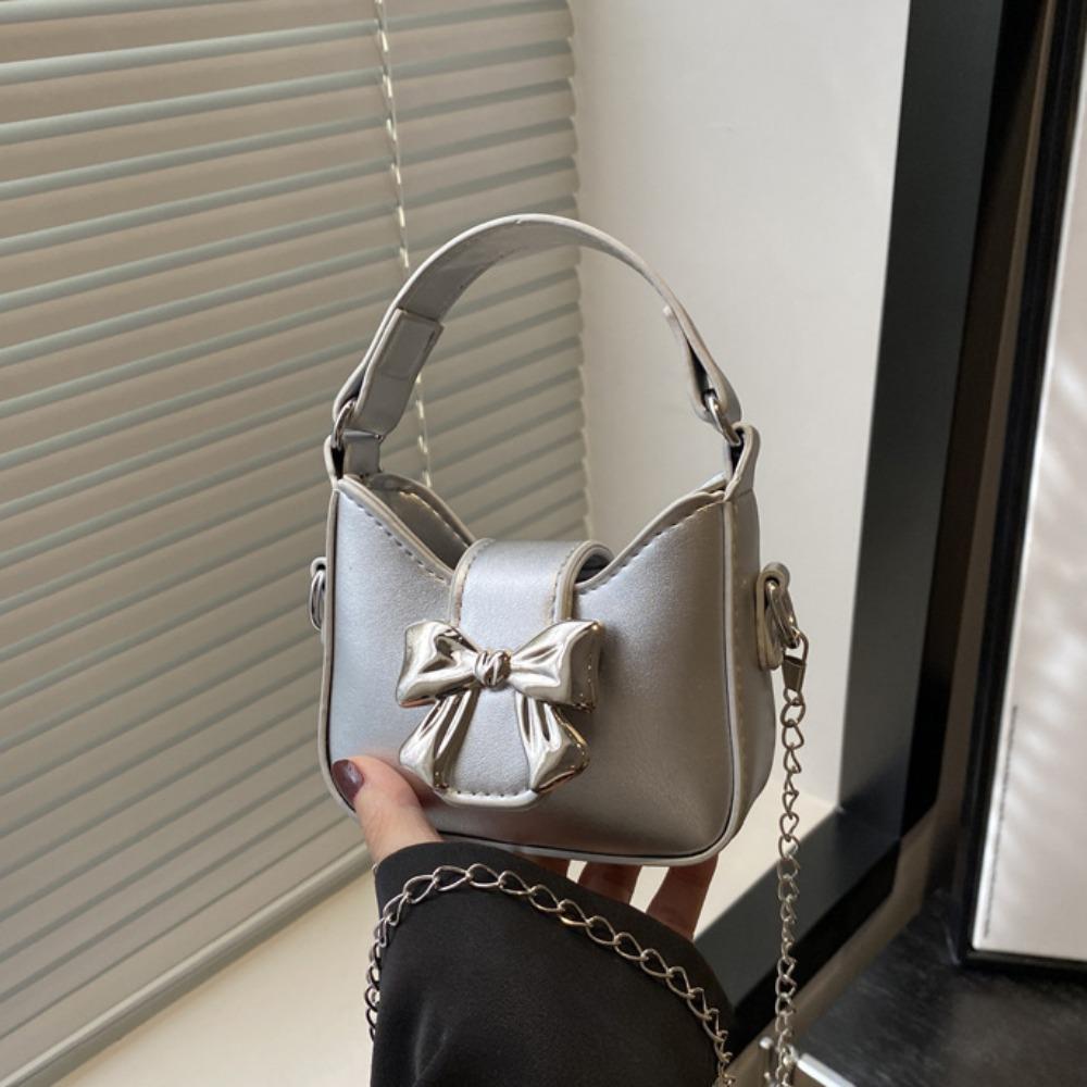 Pu Leather Bow Buckle PU Bag Mini Women's Shoulder Bag Simple Silver Bucket Bag Women