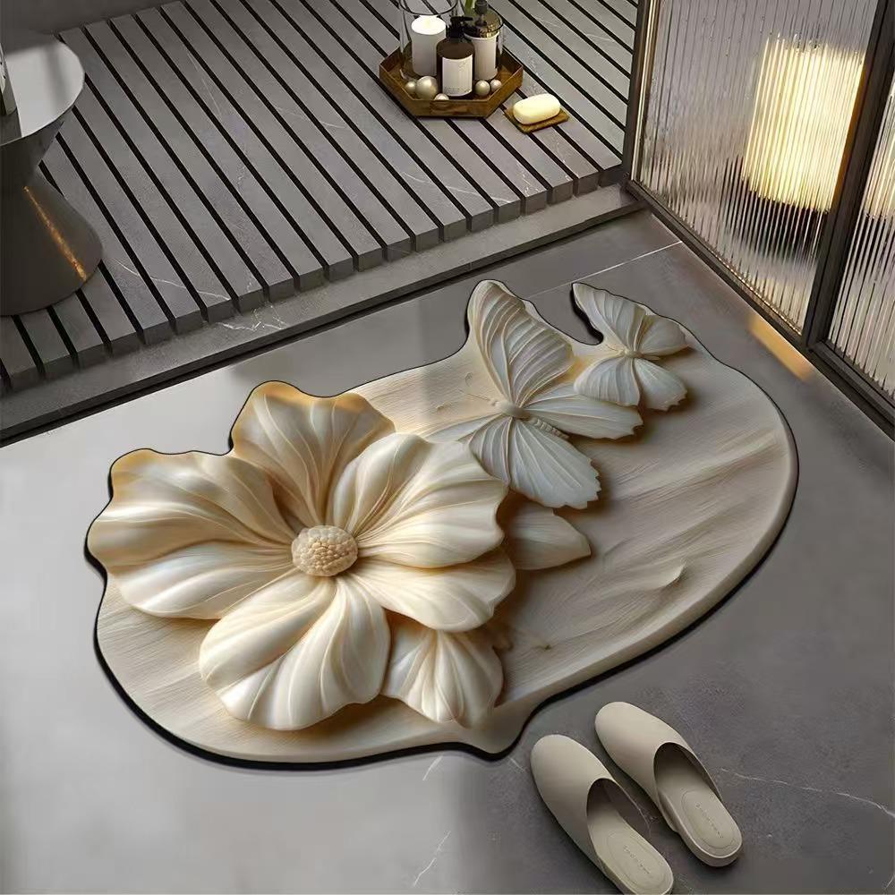 Luxurious 3D Floral Butterfly Diatomaceous Earth Bath Mat - Non-Slip, Quick-Dry, Absorbent Foot Pad