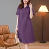 Шикарное фиолетовое хлопково-льняное платье для женщин среднего возраста - Летнее однотонное с небольшим лацканом