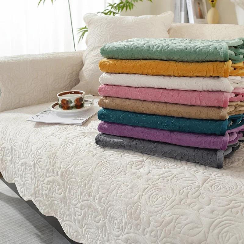 Dutch Velvet Embroider Sofa Cover Non-slip Corner Couch Slipcover Autumn Winter Universal Sofa Cushion Solid Color Sofa Cushion