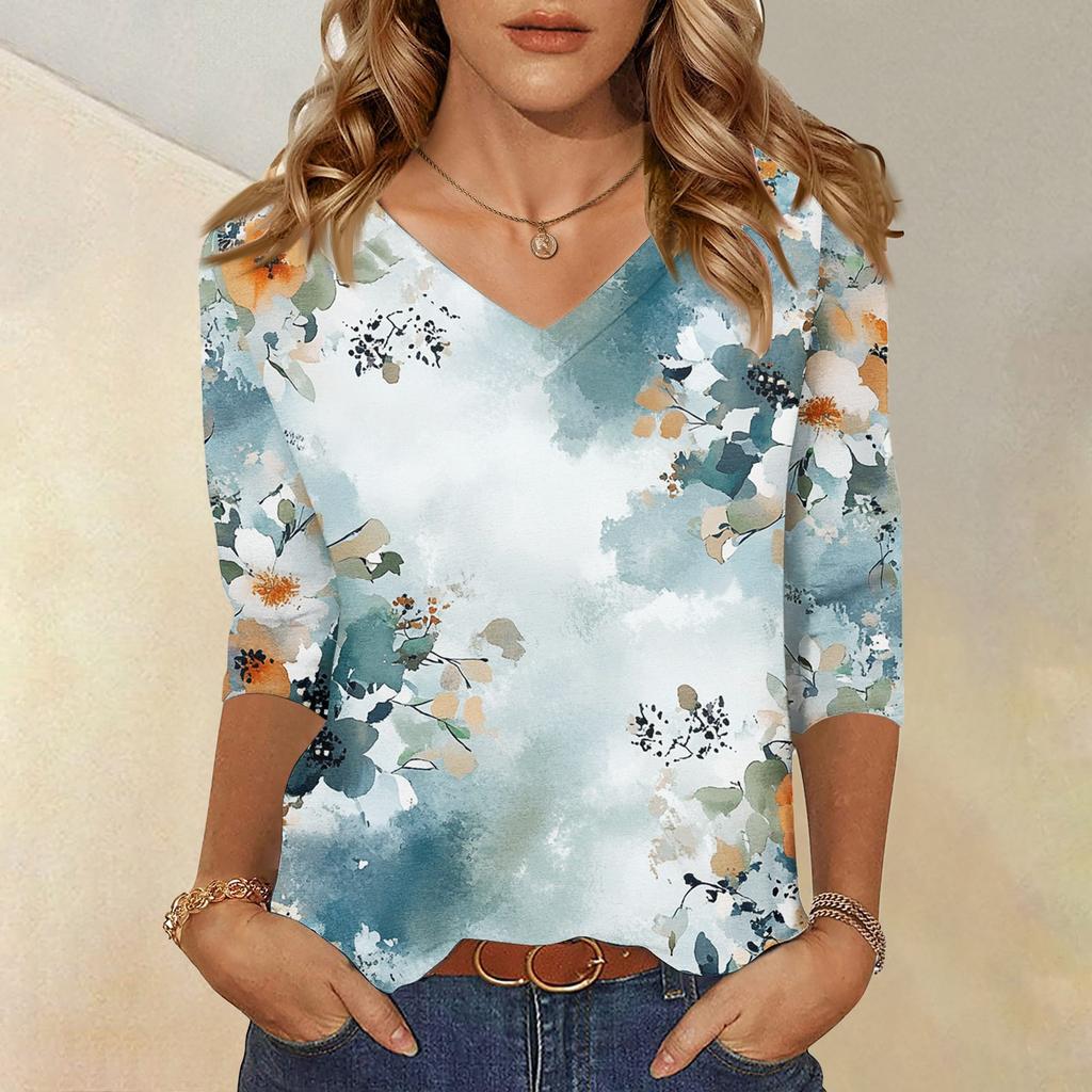 Женские топы, рубашка с рукавом три четверти, свободная повседневная рубашка с V-образным вырезом, футболка с цветочным принтом