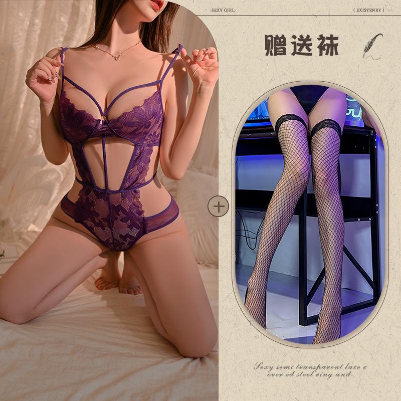 Hollow and thin sexy underwear sexy onesie temptation strap perspective lace free purple