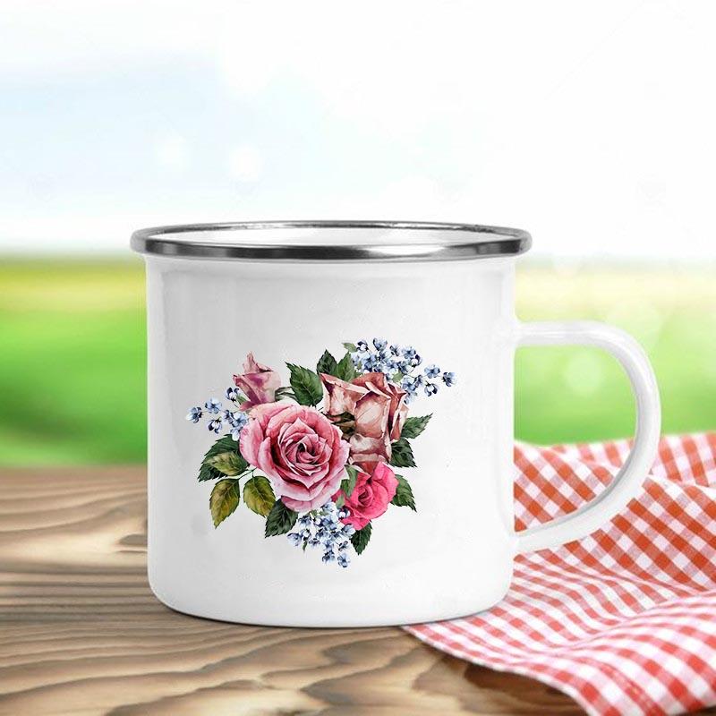 Цветочный принт ретро эмалированные кружки креативные кофейные чашки летние напитки для пикника на свежем воздухе сок молоко походные кружки ручка посуда для питья подарки