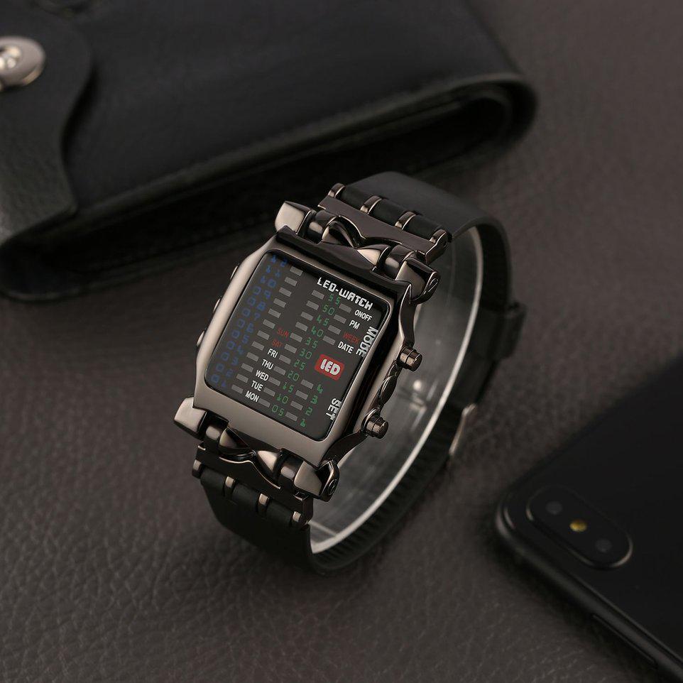 Унисекс квадратный стиль крутые красочные светодиодные цифровые часы бинарные наручные черные