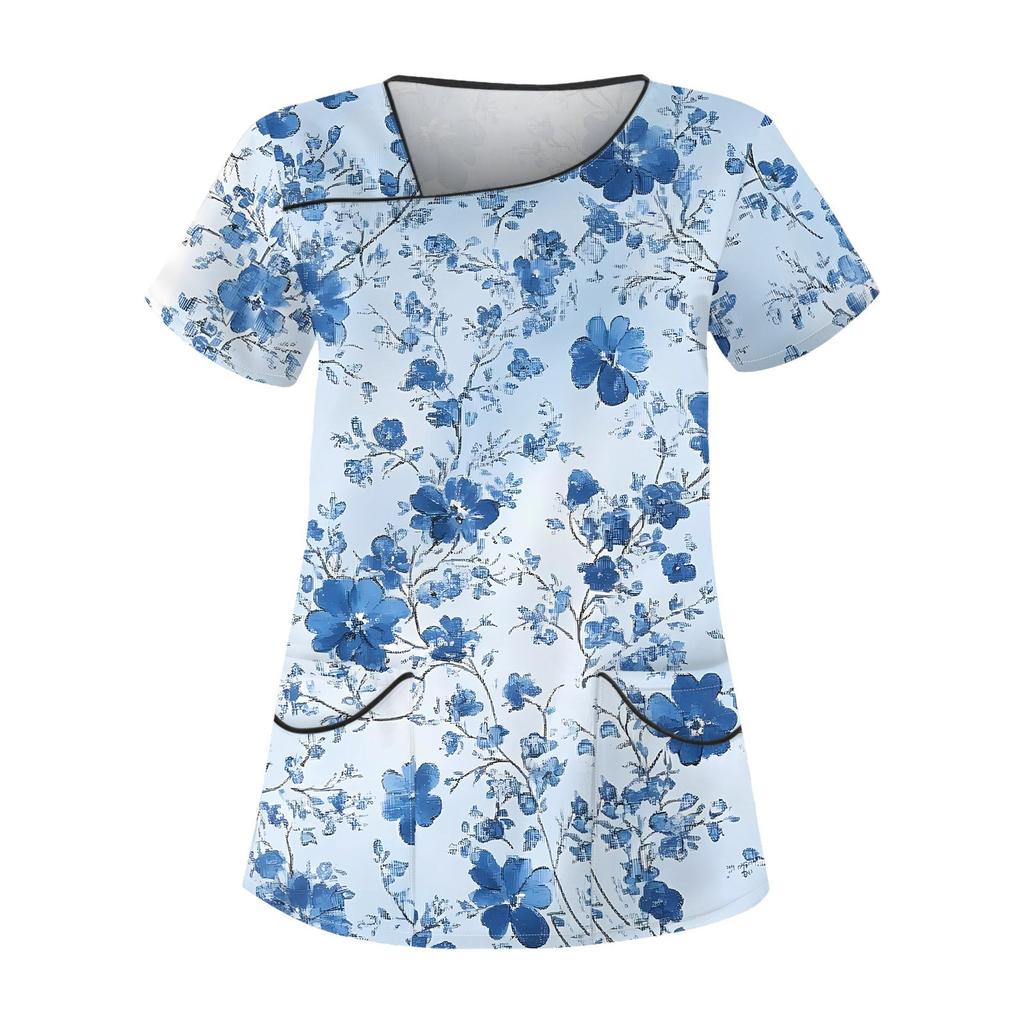 Женская повседневная рабочая одежда с короткими рукавами и наклонным воротником с принтом и двойными карманами