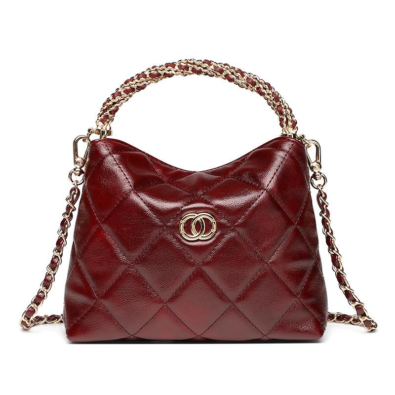 Diamond Check Bag Soft Leather Twist Chain Handle Handbag Lunch Box Bag Single Shoulder Crossbody Small Fragrant Woman Bag