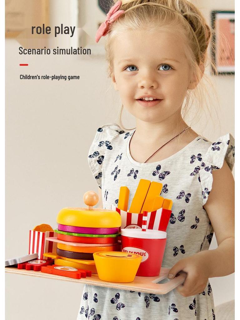 Wooden Hamburger & French Fries Pretend Play Set – Toy Kitchen Gift for Kids