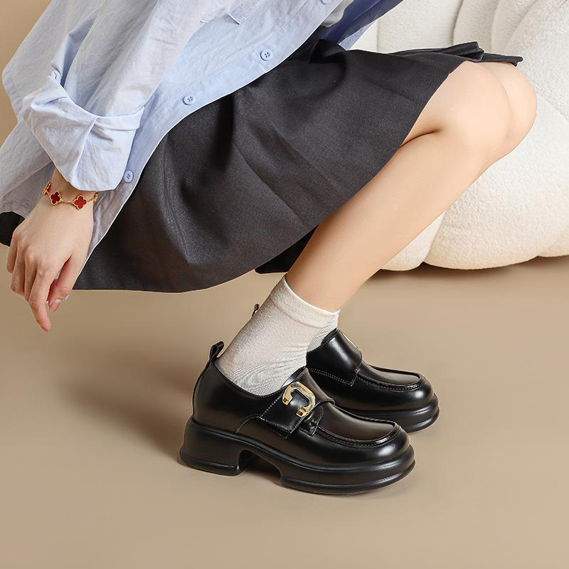 Yuexinwang Genuine Leather Flat for Huizhou Women's Shoes Grape Mother Same Small Leather Shoes Inner Height Increase Thick Sole Small Size Loafers W