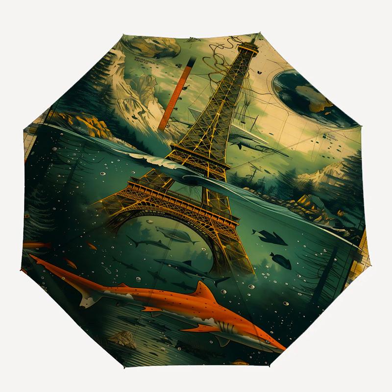 Eiffel Tower, Underwater Themed Automatic Opening and Closing Umbrella, Brightly Colored 8-rib Portable Umbrella, Suitable for Men and Women