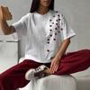 Women's Spring and Summer New Tide Printing Casual Short-sleeved Fashion 3D Love Appliqué Round Neck with Solid Colour T-shirt