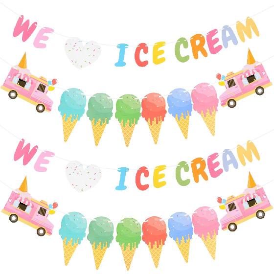 4 Pcs Ice Cream Banner Garland Ice Cream Birthday Party Decorations Supplies Icecream Bar Sign Streamer Decor for Summer Pool Beach Baby Shower