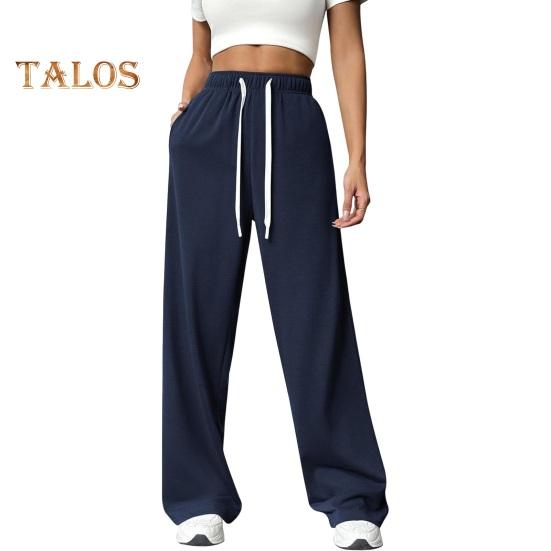 Женские брюки с эластичной высокой талией, регулируемые на шнурке, прямые широкие брюки с карманами, однотонные повседневные брюки