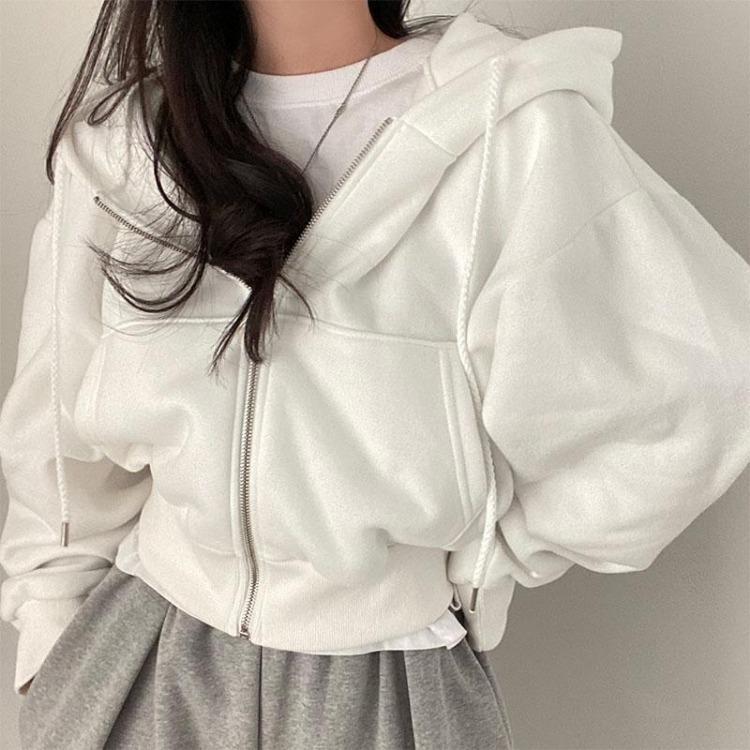 Vintage Korean Women Oversized Zip Up Hooded Jacket Long Sleeve Harajuku Fashion Solid Color Sweatshirt Autumn