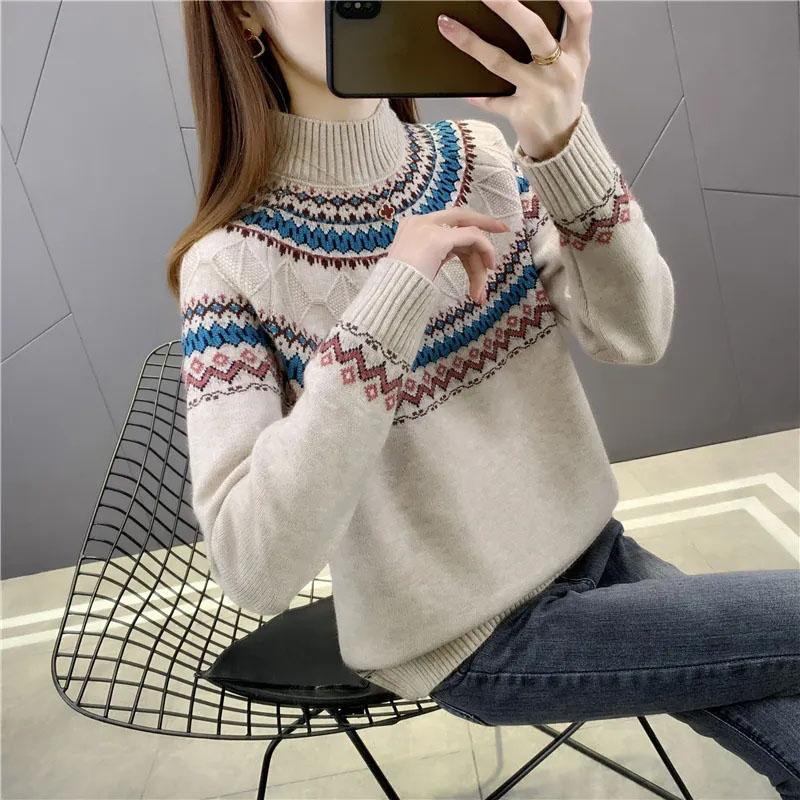 Свитер с высоким воротником, женский осенне-зимний комфорт и теплый принт внутри, повседневный универсальный эластичный пуловер, вязаный свитер, топы