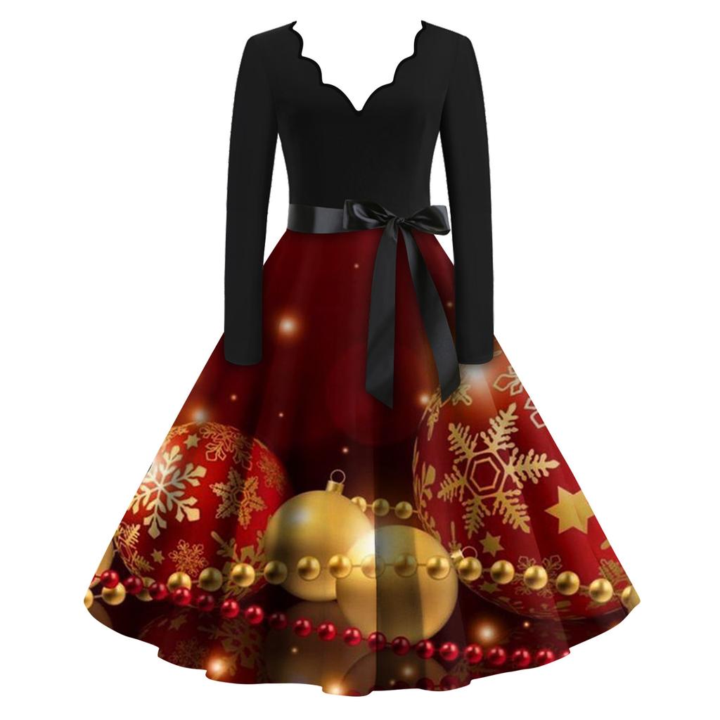 Женские модные повседневные тонкие рождественские платья с длинным рукавом с v-образным вырезом и принтом