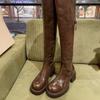 Вымытая коровья кожа~ Натуральная кожа Толстый каблук Ботфорты выше колена Женские ботинки на толстой подошве Облегающие ботинки Длинные ботинки-рыцари