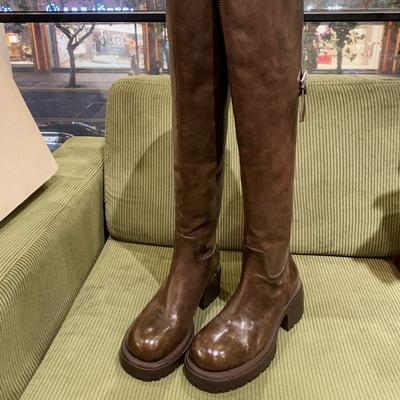 Вымытая коровья кожа~ Натуральная кожа Толстый каблук Ботфорты выше колена Женские ботинки на толстой подошве Облегающие ботинки Длинные ботинки-рыцари