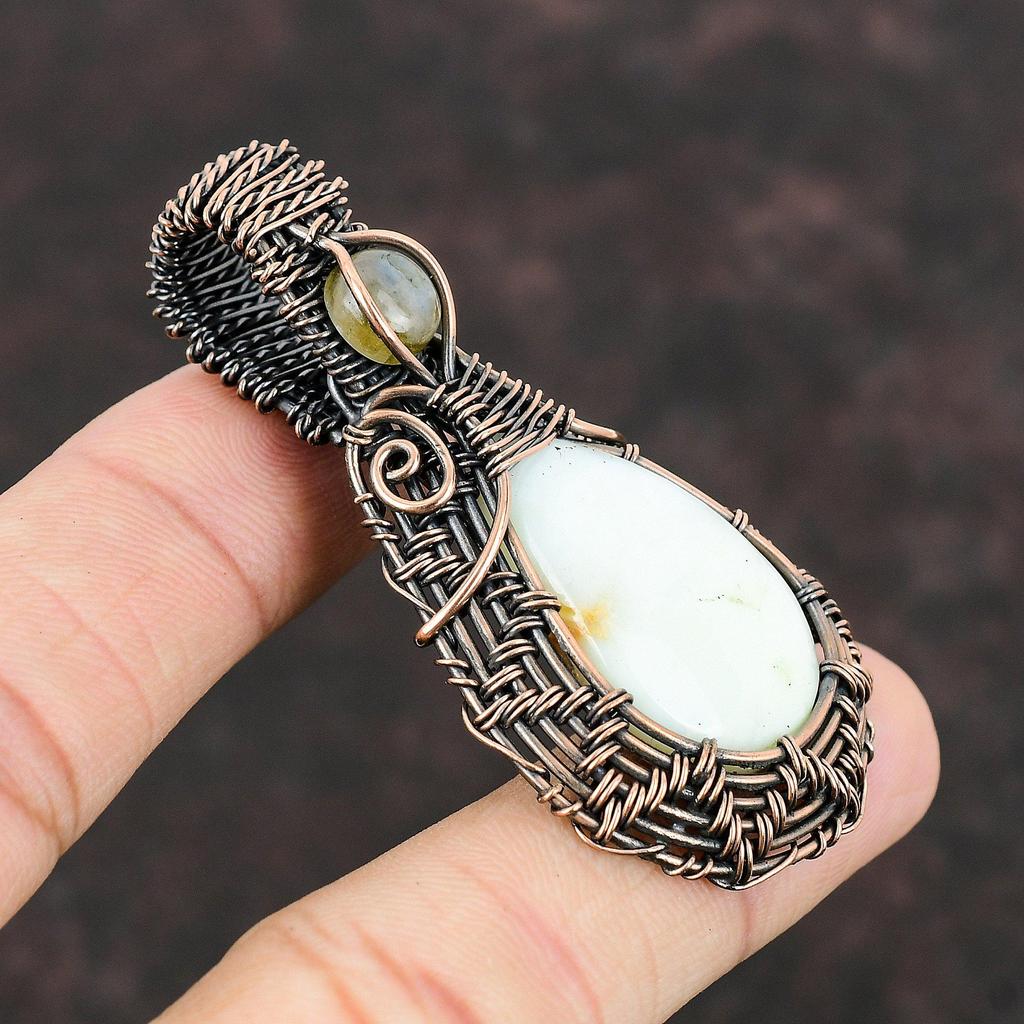 Кулон с лимонным хризопразом, медная проволока, кулон, ювелирные изделия ручной работы, подарок для мамы, уникальный дизайн, кулон из проволоки, ювелирные изделия из лабрадорита